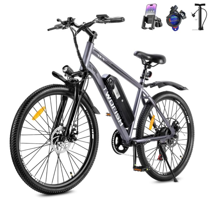TWOFISH Electric Bike for Adults, 26" Electric Mountain Bike with 36V 15Ah Battery and 250W Motor, 100KM Max Range, 7-Speed E Bike with LED Display, Disc Brakes, Cruise Control, TF-1