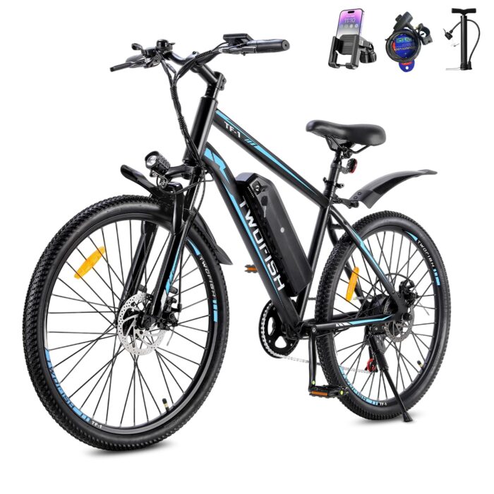 TWOFISH Electric Bike for Adults, 26" Electric Mountain Bike with 36V 15Ah Battery and 250W Motor, 100KM Max Range, 7-Speed E Bike with LED Display, Disc Brakes, Cruise Control, TF-1
