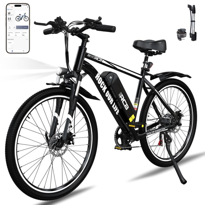 RCB adult electric bike up to 90km (35km in pure electric mode), RK15 commuter mountain e-bike, 26-inch wear-resistant tires & shock-absorbing front suspension 7-speed 36V removable battery