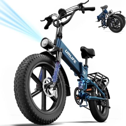 URLIFE Folding Electric Bike, 20 * 4.0 Inch Fat Tire E-Bike for Adult 48V 13AH Removable Battery, 80-100KM Long Range, Full Suspension for All Terrains, Electric Mountain Bike with LED