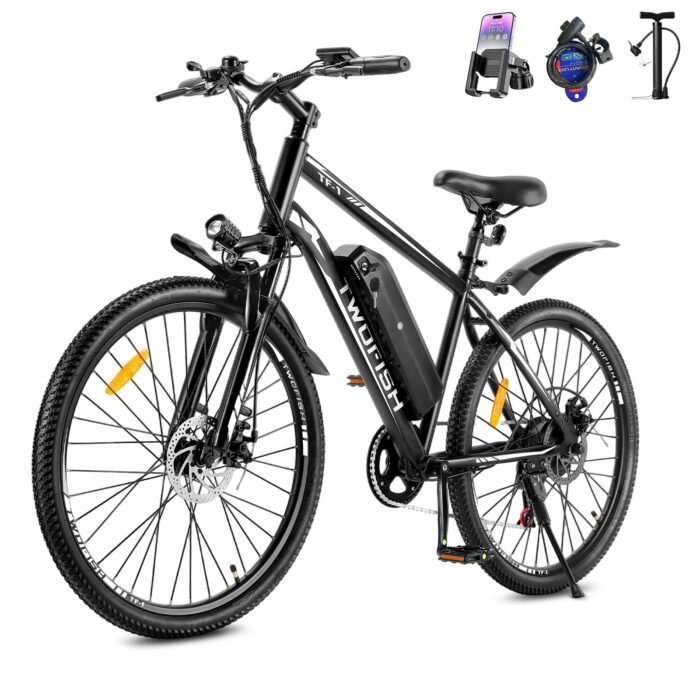 TWOFISH Electric Bike for Adults, 26" Electric Mountain Bike with 36V 15Ah Battery and 250W Motor, 100KM Max Range, 7-Speed E Bike with LED Display, Disc Brakes, Cruise Control, TF-1