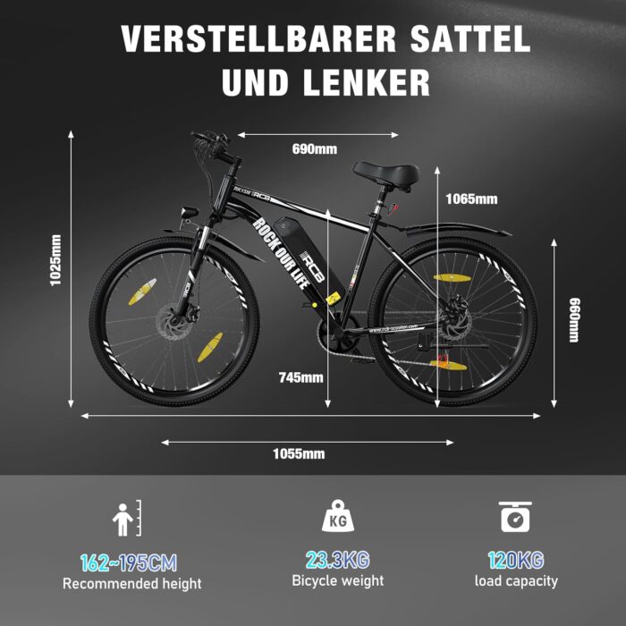 RCB adult electric bike up to 90km (35km in pure electric mode), RK15 commuter mountain e-bike, 26-inch wear-resistant tires & shock-absorbing front suspension 7-speed 36V removable battery