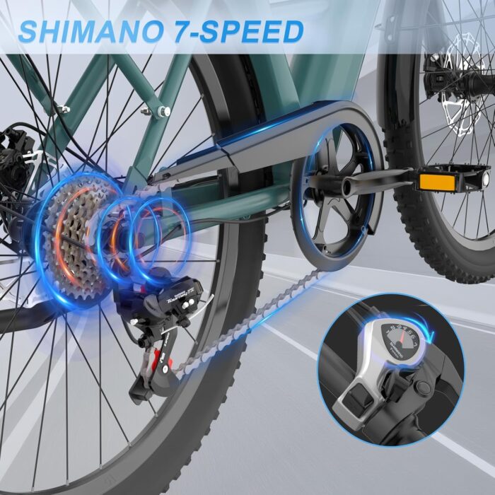Electric Bike for Adults with 17.5AH Battery - 250W Ebike 40-90KM Range - 26" Mens Electric Bicycle with 7 Speed & Front Suspension - Commuter E Bike with LED Lights and LCD Display