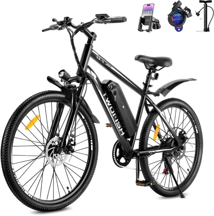 TWOFISH Electric Bike, 26" Electric Mountain Bike for Adults with 36V 15Ah Battery Max Range 100 KM 25KM/H 3 Riding Mode 7 Speed E Bike with Disc Brakes LED Display, TF-1