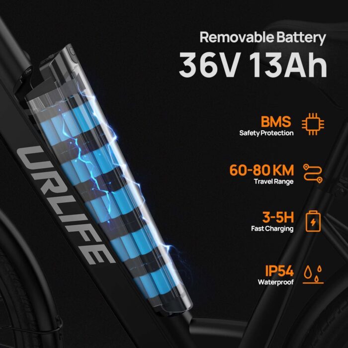 URLIFE 26" Electric Bikes for Adults, Mountain Bike with LCD Display, 36V 13AH Removable Battery 250W Powerful Motor, 7-Speed Derailleur 80KM Max Range Ebike Commute MTB