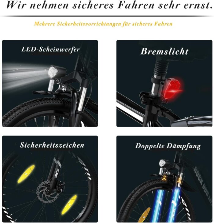 RCB adult electric bike up to 90km (35km in pure electric mode), RK15 commuter mountain e-bike, 26-inch wear-resistant tires & shock-absorbing front suspension 7-speed 36V removable battery