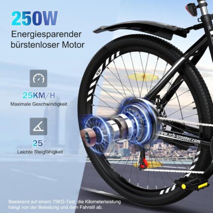 RCB adult electric bike up to 90km (35km in pure electric mode), RK15 commuter mountain e-bike, 26-inch wear-resistant tires & shock-absorbing front suspension 7-speed 36V removable battery