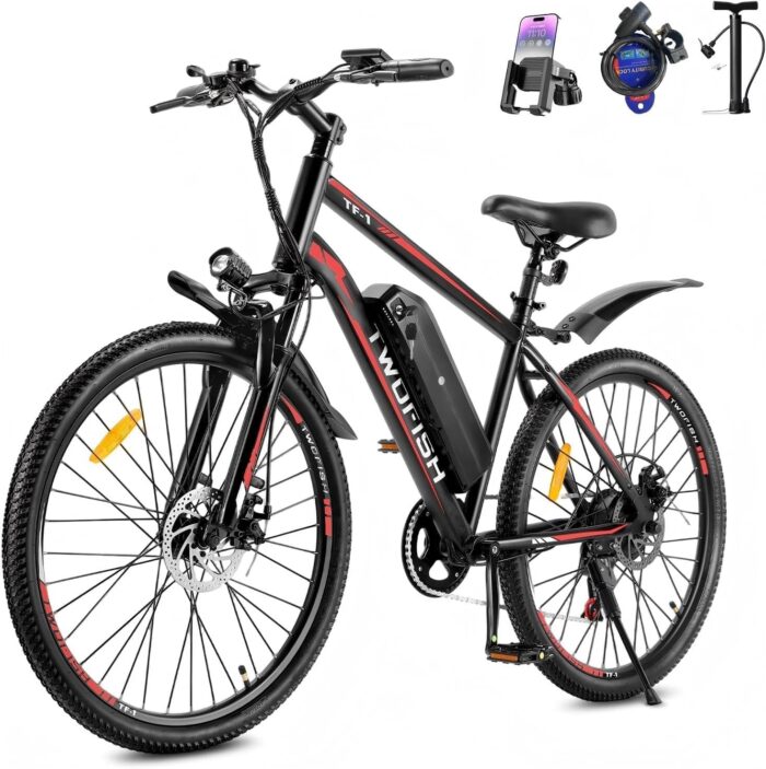TWOFISH Electric Bike, 26" Electric Mountain Bike for Adults with 36V 15Ah Battery Max Range 100 KM 25KM/H 3 Riding Mode 7 Speed E Bike with Disc Brakes LED Display, TF-1