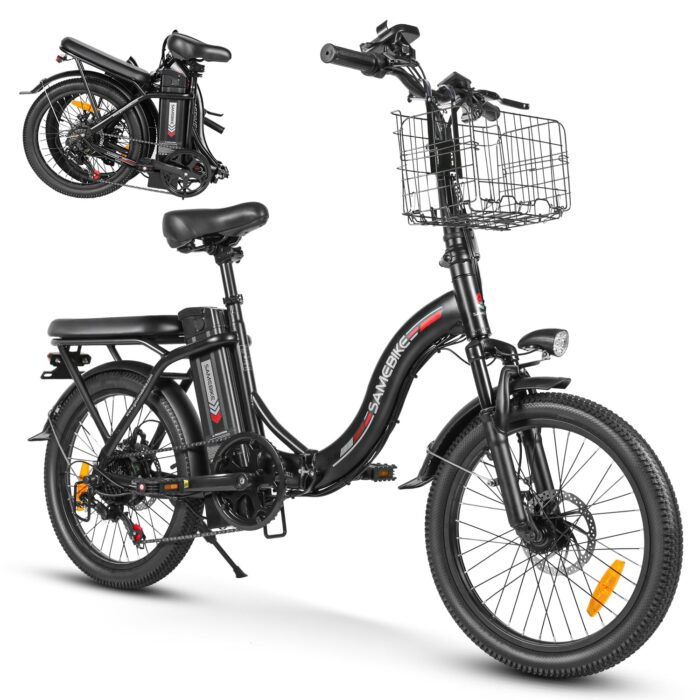 SAMEBIKE Foldable Electric Bike for Adults,20" Fat Tire Ebike with 7 Speed, Max Range 110KM, Dual Shock Absorber, E-bike for Commuting and Off-Road Adventures