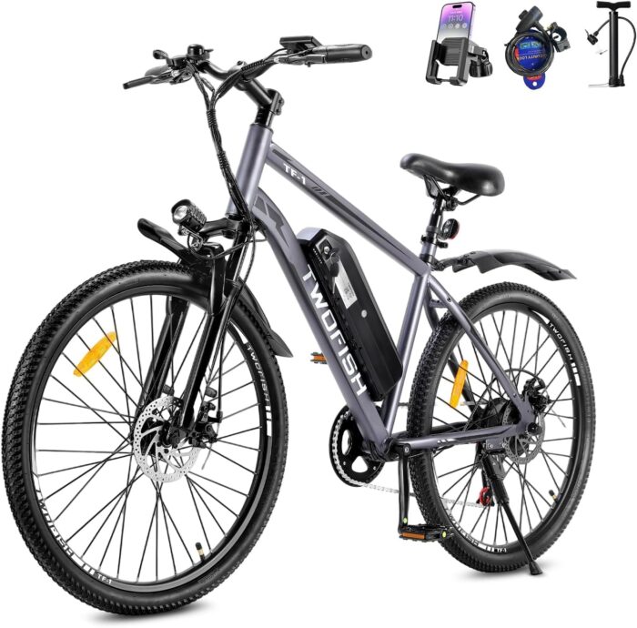 TWOFISH Electric Bike, 26" Electric Mountain Bike for Adults with 36V 15Ah Battery Max Range 100 KM 25KM/H 3 Riding Mode 7 Speed E Bike with Disc Brakes LED Display, TF-1