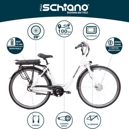 F.lli Schiano E-Moon, Electric Bike for Adults, 28" City Bike, 36V 13Ah Removable Battery, 250W Motor, 40Nm, Commuter E bike