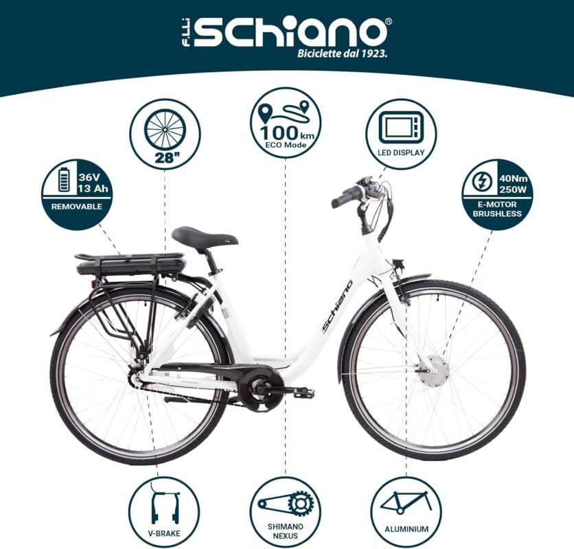 F.lli Schiano E-Moon, Electric Bike for Adults, 28" City Bike, 36V 13Ah Removable Battery, 250W Motor, 40Nm, Commuter E bike