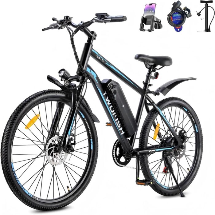 TWOFISH Electric Bike, 26" Electric Mountain Bike for Adults with 36V 15Ah Battery Max Range 100 KM 25KM/H 3 Riding Mode 7 Speed E Bike with Disc Brakes LED Display, TF-1