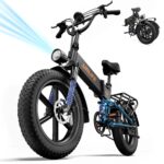 URLIFE Folding Electric Bike, 20 * 4.0 Inch Fat Tire E-Bike for Adult 48V 13AH Removable Battery, 80-100KM Long Range, Full Suspension for All Terrains, Electric Mountain Bike with LED