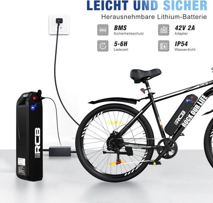 RCB adult electric bike up to 90km (35km in pure electric mode), RK15 commuter mountain e-bike, 26-inch wear-resistant tires & shock-absorbing front suspension 7-speed 36V removable battery