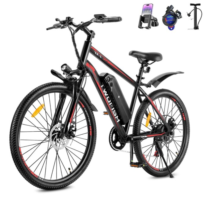 TWOFISH Electric Bike for Adults, 26" Electric Mountain Bike with 36V 15Ah Battery and 250W Motor, 100KM Max Range, 7-Speed E Bike with LED Display, Disc Brakes, Cruise Control, TF-1