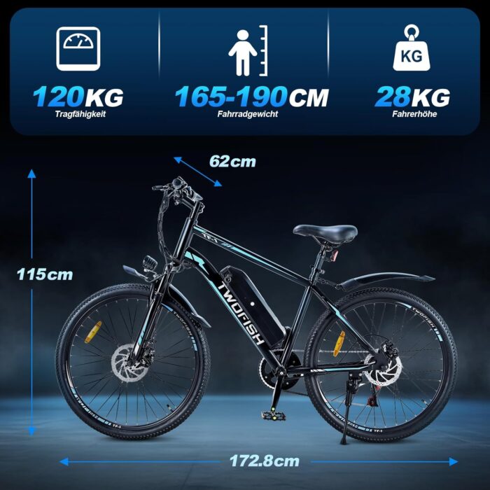 TWOFISH Electric Bike, 26" Electric Mountain Bike for Adults with 36V 15Ah Battery Max Range 100 KM 25KM/H 3 Riding Mode 7 Speed E Bike with Disc Brakes LED Display, TF-1