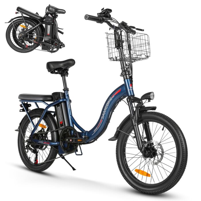 SAMEBIKE Foldable Electric Bike for Adults,20" Fat Tire Ebike with 7 Speed, Max Range 110KM, Dual Shock Absorber, E-bike for Commuting and Off-Road Adventures