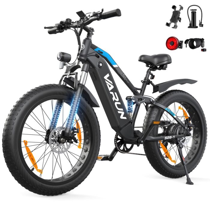 VARUN Electric Bikes for Adults, 26'' 4.0 Fat Tire E Bike with 48V 864Wh Battery, 150KM Longe Range, 80NM 250W Motor, LCD Display with 5 PAS, Full Suspension Electric Bicycle for All Terrains