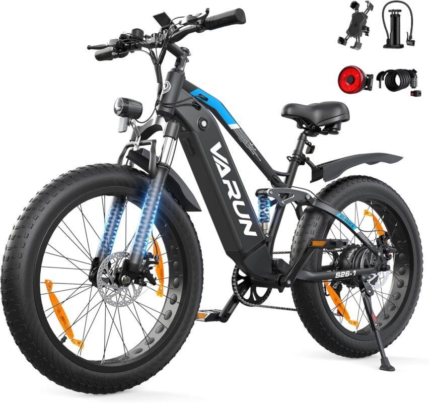 VARUN Electric Bikes for Adults, 26'' 4.0 Fat Tire E Bike with 48V 864Wh Battery, 150KM Longe Range, 80NM 250W Motor, LCD Display with 5 PAS, Full Suspension Electric Bicycle for All Terrains