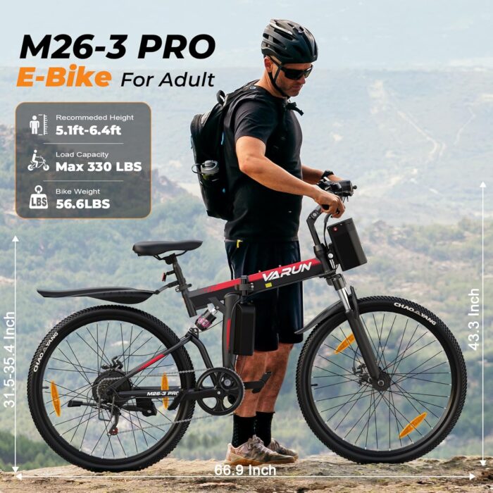 VARUN Electric Bike for Adults, 26'' Electric Mountain Bike with 48V 374.4Wh Battery, Dual Suspension, 7 Speed Gear, Range 70 KM, LCD-Display, Folding Ebike for Men and Women