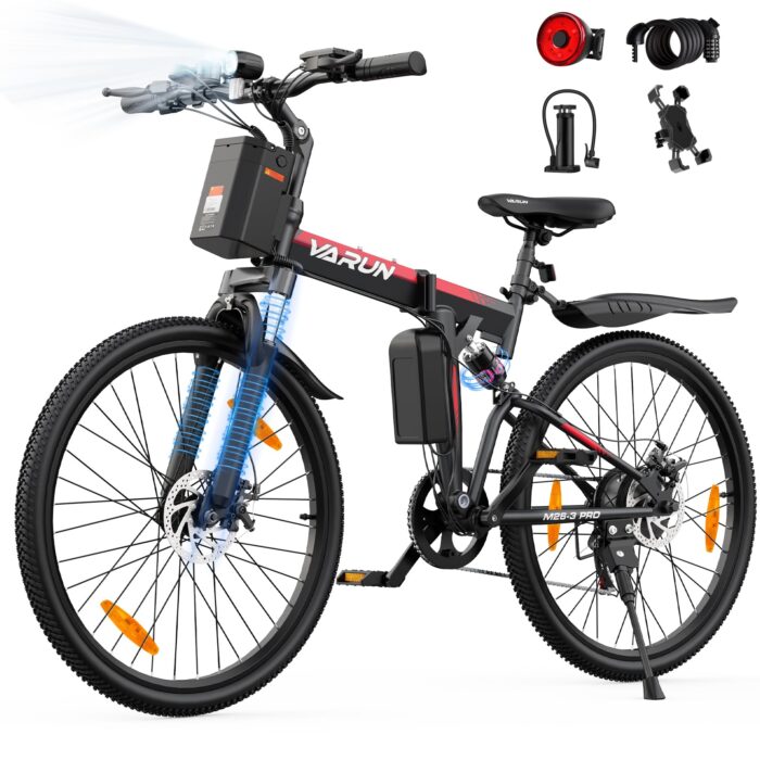 VARUN Electric Bike for Adults, 26'' Electric Mountain Bike with 48V 374.4Wh Battery, Dual Suspension, 7 Speed Gear, Range 70 KM, LCD-Display, Folding Ebike for Men and Women