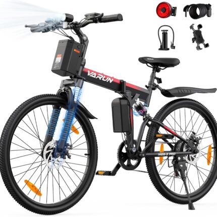 VARUN Electric Bike for Adults, 26'' Electric Mountain Bike with 48V 374.4Wh Battery, Dual Suspension, 7 Speed Gear, Range 70 KM, LCD-Display, Folding Ebike for Men and Women