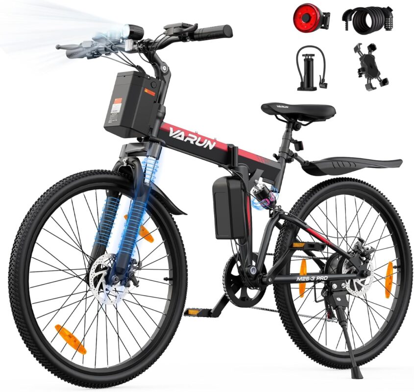 VARUN Electric Bike for Adults, 26'' Electric Mountain Bike with 48V 374.4Wh Battery, Dual Suspension, 7 Speed Gear, Range 70 KM, LCD-Display, Folding Ebike for Men and Women