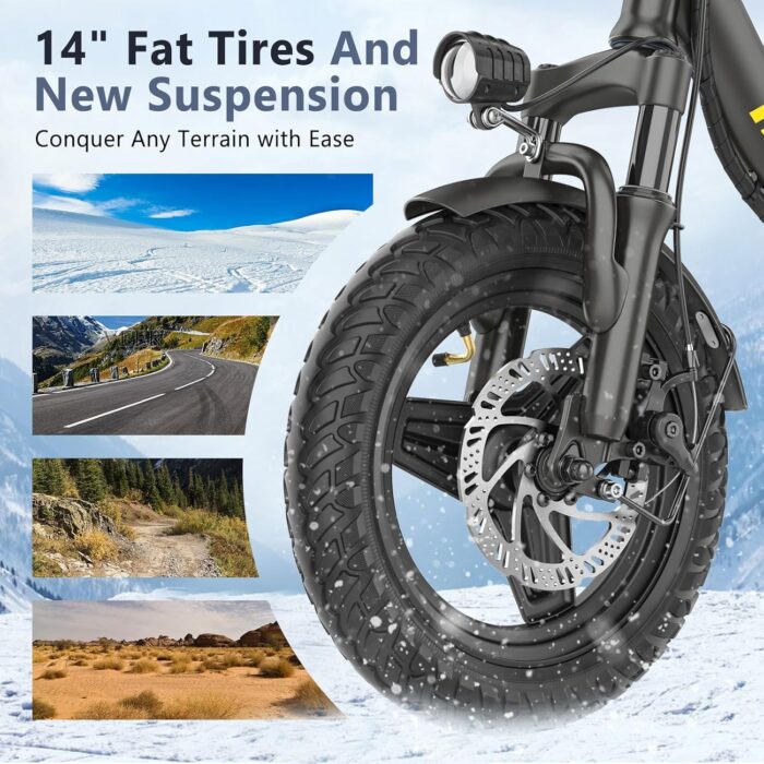 Electric Folding Bikes for Adults, 14" Electric Dirt Bike Adult, Ebikes for Adult Men Women, e Bike with Front Shock Absorber, Foldable Fat Tire e-Bike with Throttle Pedal Assist