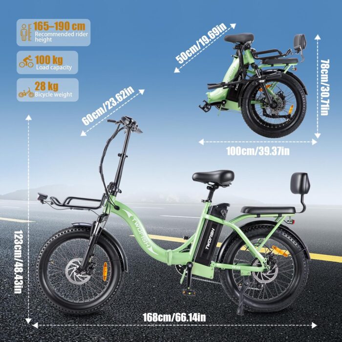 TWOFISH Electric Bike for Adults, 20"*3.0" Fat Tire Folding Electric Bicycle with 36V 17.8AH Removable Battery 7 Speed 25km/h 80-100km Range Disc Brake IP54 Waterproof, TF-2