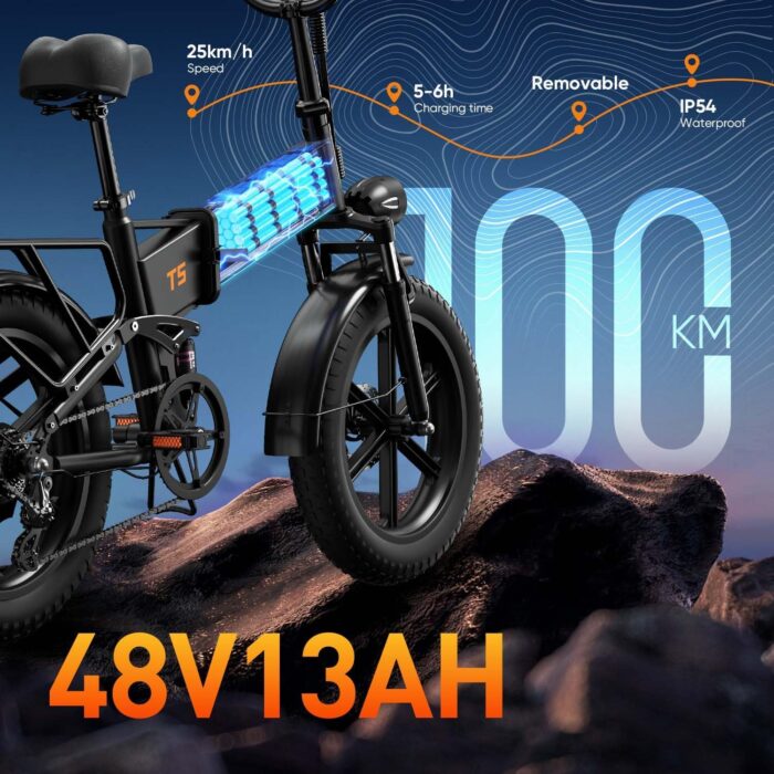 URLIFE Folding Electric Bike, 20 * 4.0 Inch Fat Tire E-Bike for Adult 48V 13AH Removable Battery, 80-100KM Long Range, Full Suspension for All Terrains, Electric Mountain Bike with LED