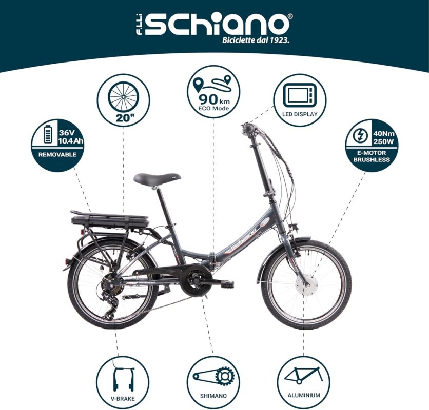 F.lli Schiano E-Star, Electric Bike for Adults, 20" Folding Bike, 36V 10.4Ah Removable Battery, 250W Motor, 40Nm, Commuter Ebike