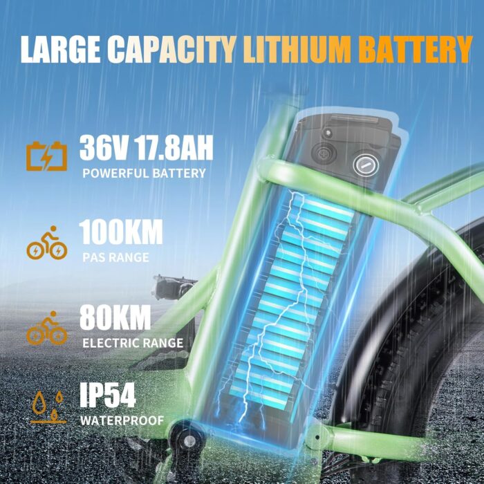 TWOFISH Electric Bike for Adults, 20"*3.0" Fat Tire Folding Electric Bicycle with 36V 17.8AH Removable Battery 7 Speed 25km/h 80-100km Range Disc Brake IP54 Waterproof, TF-2