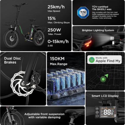 HITWAY E Bike BK6SL1-36V15.6Ah with 250W Motor, Electric bike 20 inch, 70-150km range, 7-speed, APP control, Foldable, IP54 waterproof pedelec,25km/h