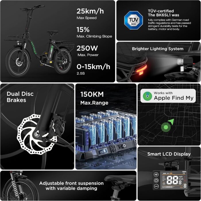 HITWAY E Bike BK6SL1-36V15.6Ah with 250W Motor, Electric bike 20 inch, 70-150km range, 7-speed, APP control, Foldable, IP54 waterproof pedelec,25km/h